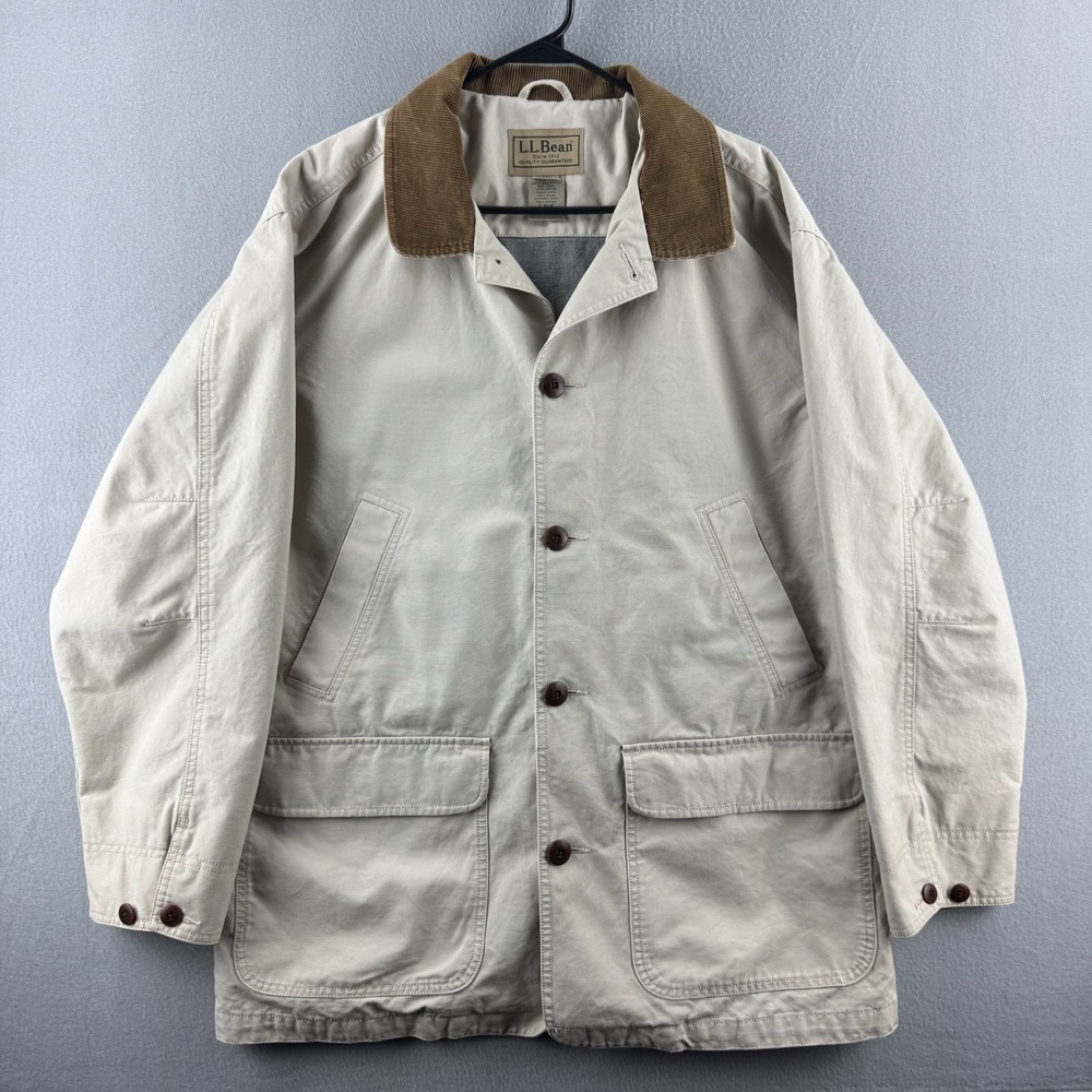 LL‎ Bean Chore Coat Mens Large Beige Cotton Barn Jacket Corduroy Collar Cuff